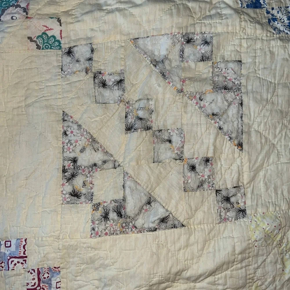Antique twin size handmade squares patchwork triangle quilt 54” x 80”